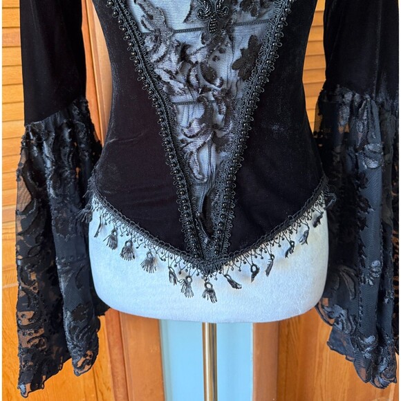 Devil Fashion Gothic Victorian Vampire Black Velvet Beaded Rose & Lace Top L - Picture 4 of 16